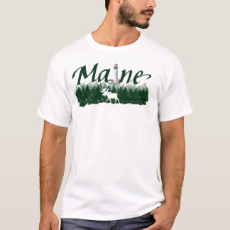 Maine, vuurtoren, pijnbomen, silhouetelanden t-shirt