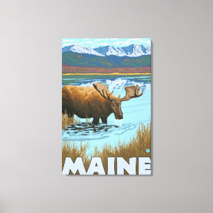 MaineMoose Drink in Lake Canvas Afdruk