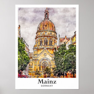 Mainz Duitsland Reizen Waterverf Schets Hand getek Poster