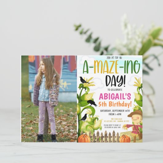 maïsdoolhof uitnodiging voor verjaardagsfeestje (Staand voorkant)