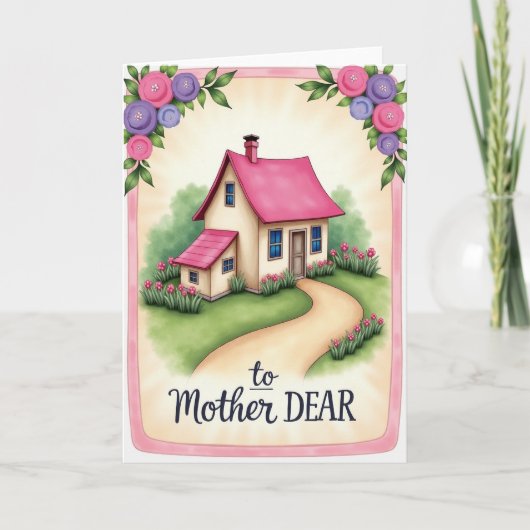 Maison à toit rose Mère chère carte (Devant)