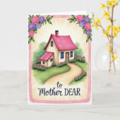 Maison à toit rose Mère chère carte (Fleur jaune)