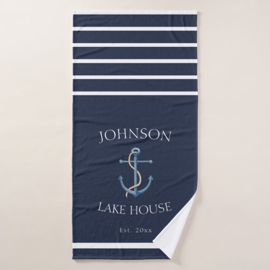 Maison de lac rayée d'ancre Navy (Serviette de bain)