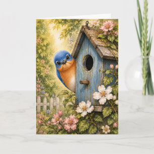 Maison de merle bleu Peekaboo Aquarelle Carte vier