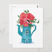 Maison de thé bleu avec carte postale de fleurs ro (Devant / Derrière)