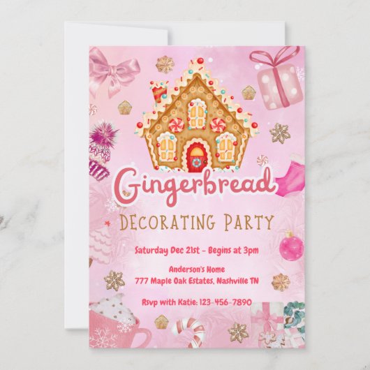 Maison en pain d'épice rose Décoration Invitation (Devant)