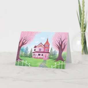 Maison victorienne rose et carte blanche en fleurs