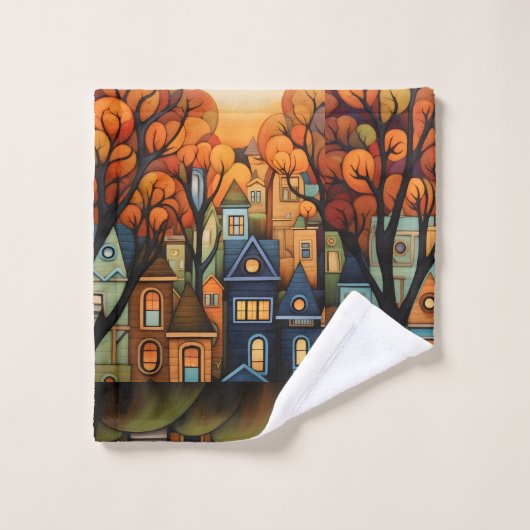 Maisons et arbres colorés en automne (Gant de toilette)