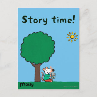 Maisy leest haar bibliotheekboek buiten briefkaart