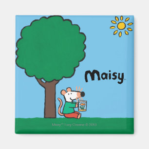 Maisy leest haar bibliotheekboek buiten magneet