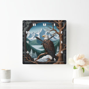 Majestic Bald Eagle met uitzicht op Mountain Lake Vierkante Klok