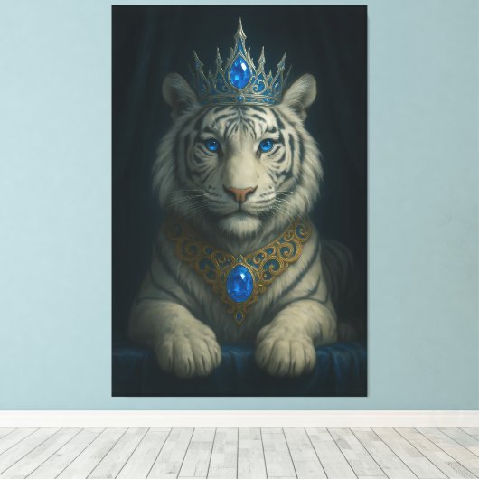 Majestic Blue Crown Royal Tiger – Luxury Fine Art Canvas Afdruk (Insitu (Houten vloer))