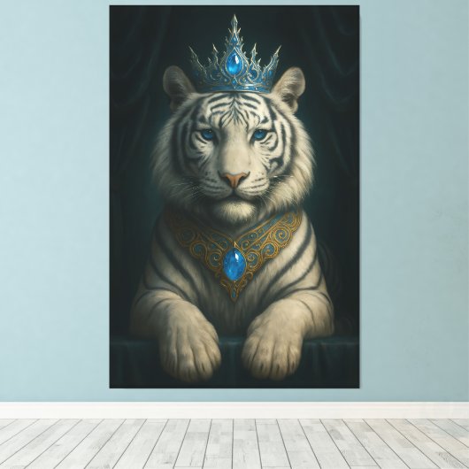 Majestic Blue Crown Royal Tiger – Luxury Fine Art Canvas Afdruk (Insitu (Houten vloer))