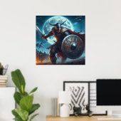 Majestic Blue-Toned maanverlichte Vikingscene Poster (Thuiskantoor)
