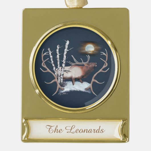 Majestic Bull Elk bugling in het maanlicht Verguld Banner Ornament (Voorkant)