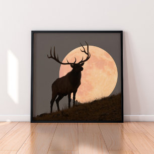 Majestic Bull Elk en Full Moon Rise Poster