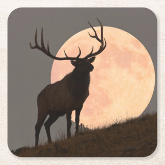 Majestic Bull Elk en Full Moon Rise Vierkante Kartonnen Onderzetter