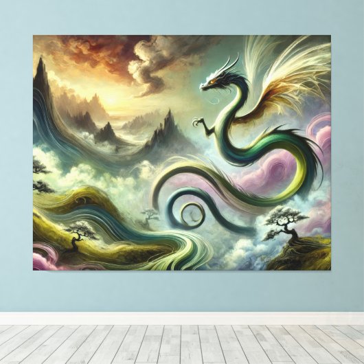 Majestic Celestial Dragon Over Fantasy Mountains Canvas Afdruk (Insitu (Houten vloer))