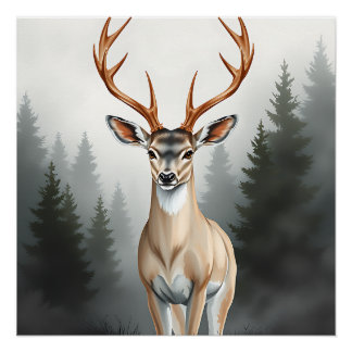 Majestic Deer in Misty Forest – Tranquil Wildlife  Perfect Poster