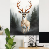 Majestic Deer in Misty Forest – Tranquil Wildlife  Poster (Thuiskantoor)
