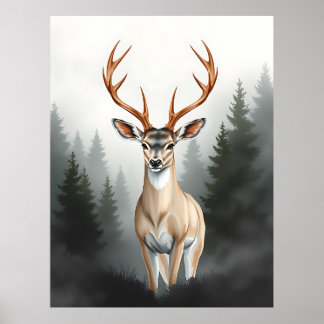 Majestic Deer in Misty Forest – Tranquil Wildlife  Poster