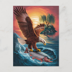 Majestic Eagle stijgt over een glinsterende vis Briefkaart