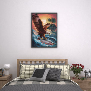 Majestic Eagle stijgt over een glinsterende vis Poster