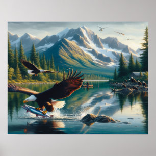 Majestic Eagle Vissen vangen bij zonsopgang 20x16 Poster