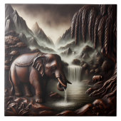 Majestic Elephant Drink bij Serene Waterfall Tegeltje (Voorkant)