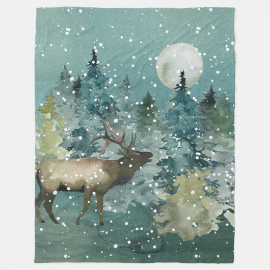 Majestic Elk in Forest Full Moon Snowfall Fleece Deken (Voorkant)