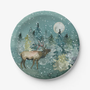 Majestic Elk in Forest Full Moon Snowfall Holiday Papieren Bordje