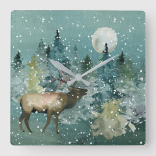 Majestic Elk in Forest Full Moon Snowfall Vierkante Klok