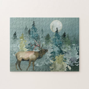 Majestic Elk in Forest Full Moon Waterverf Legpuzzel