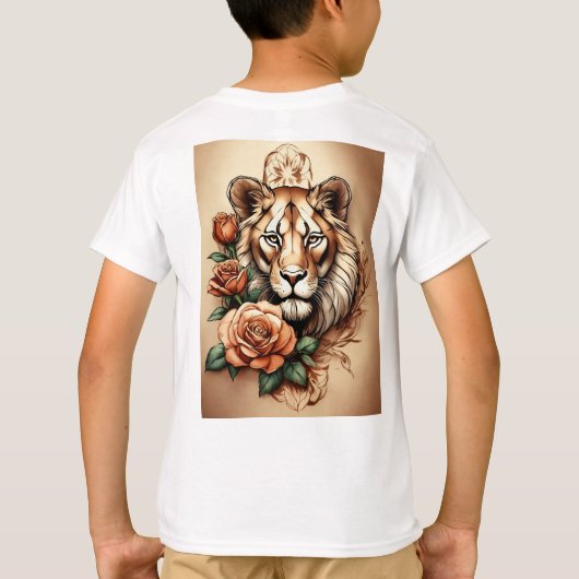 Majestic Fusion: Leeuwin en Roos Tattoo Schets T- T-shirt (Achterkant)