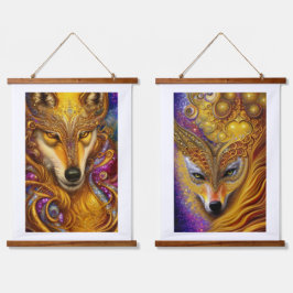 Majestic Golden Wolf Pair Fantasy AI Art Print Hangend Wandkleed