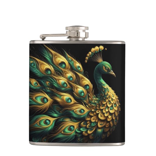 Majestic Groene en Gouden Peacock Heupfles (Voorkant)