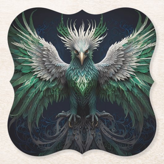 Majestic Groene & Witte Phoenix Vogel Kartonnen Onderzetters (Voorkant)