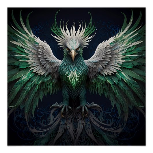 Majestic Groene & Witte Phoenix Vogel Perfect Poster (Voorkant)