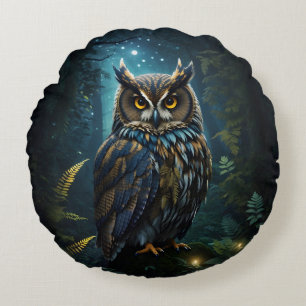 Majestic Grote Gehoornde Uil Gloeiende Nachtscène Rond Kussen