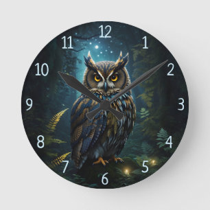 Majestic Grote Gehoornde Uil Gloeiende Nachtscène Ronde Klok