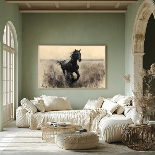 Majestic Horse Galoping in Natuur - Monochrome Poster