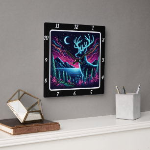 Majestic Neon Deer Antlers Horizon Vierkante Klok