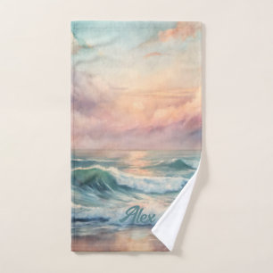 Majestic Ocean Sunset Waves Watercolor Côte