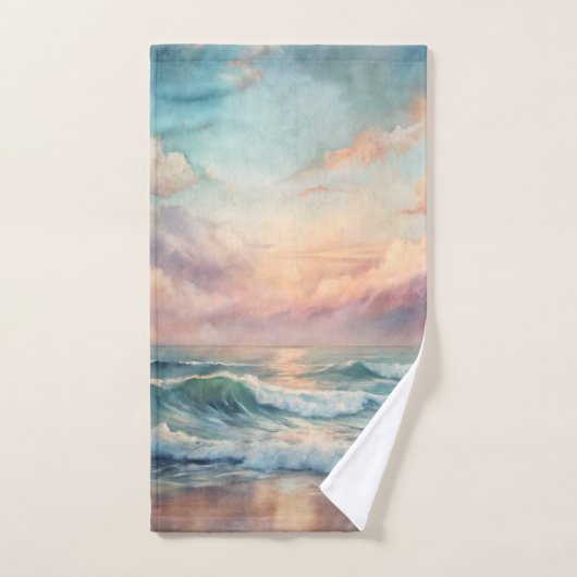 Majestic Ocean Sunset Waves Watercolor Côte (Serviette à main)