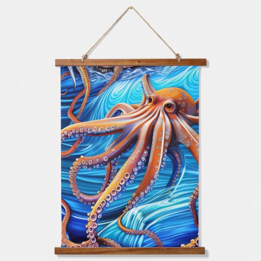 Majestic Octopus Blue Ocean Wave Expressionisme Hangend Wandkleed (Voorkant 2)