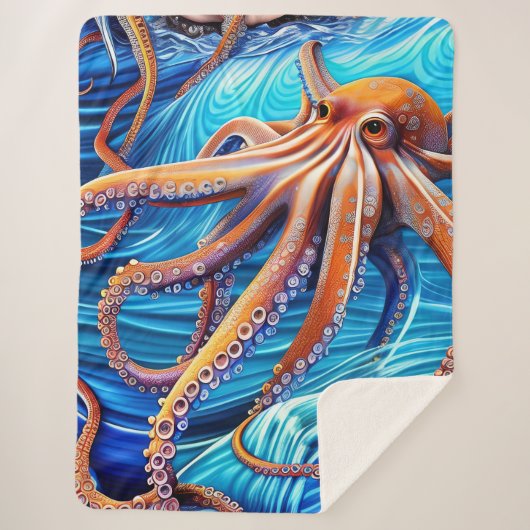 Majestic Octopus Blue Ocean Wave Expressionisme Sherpa Deken (Voorkant)