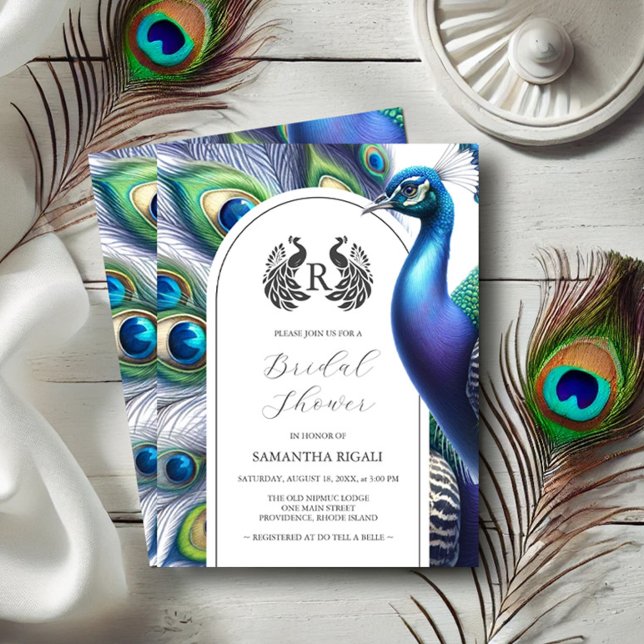Majestic Peacock Bridal Douche Uitnodigingen (Bridal shower invitations watercolor peacock and monogram Do Tell A Belle)