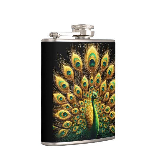 Majestic Peacock Display groen en goud Heupfles (Rechts)