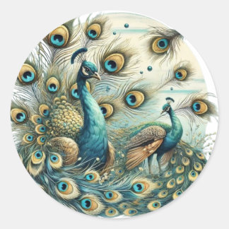Majestic Peacocks – Levendig Veerscherm Ronde Sticker