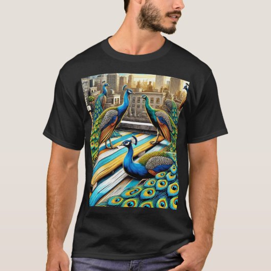 Majestic Peacocks Rooftop Gathering T-shirt (Voorkant)